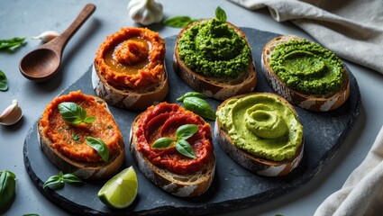 Assorted toasted bread slices topped with colorful spreads and fresh basil on a dark slate serving board.