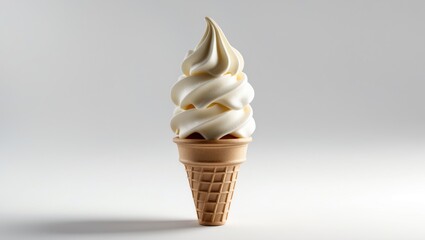 Creamy soft serve ice cream in a cone against a plain background.