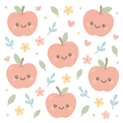 Kawaii Apple with Happy Face Seamless Repeat Pattern Decoration Element