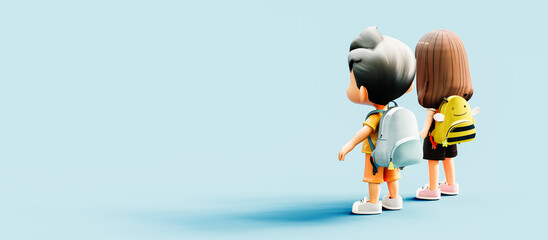 Boy and girl with school bags on blue background with copy space. Back to school concept design. 3D Rendering, 3D Illustration