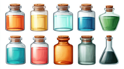 Set of colorful glass bottles with cork stoppers containing various colored liquids, including blue, green, orange, and yellow, displayed in clean and organized arrangement