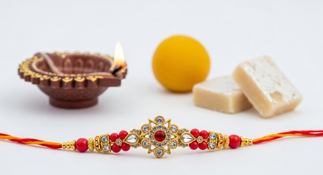 Festive Raksha Bandhan Ornate Rakhi Sweets and Diya for Indian Festival