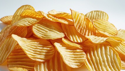 Crispy potato chips with ridges, golden and delicious, stacked together. Snack food, flavored or plain. The concept of snacks and processed foods.