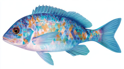 Fototapeta premium Vibrant tropical fish with geometric scale patterns shades of blue, orange, and pink, showcasing modern and artistic design. fish has detailed, lifelike appearance with creative polygonal texture