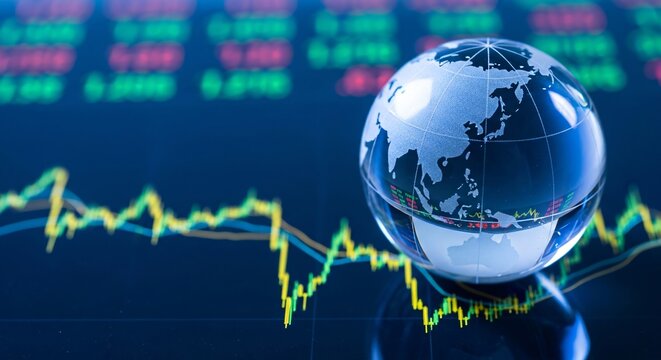 Global Stock Market Trends Crystal Globe on Financial Chart Showing Economic Growth and Fluctuations