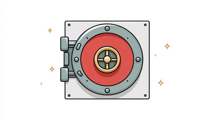 Colorful illustration of safe door with red circular center, metallic gray frame, and golden handle middle. design is clean and cartoony, with small sparkles around it, giving secure