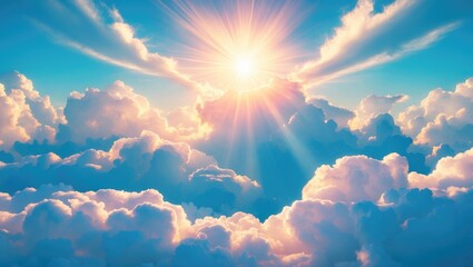 Bright sun shining through clouds with rays of sunlight. Nature and sky scene. Atmospheric and celestial imagery. The concept of sunlight and weather phenomena