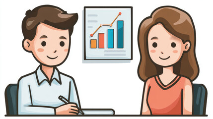 Fototapeta premium Cheerful illustration of man and woman sitting at desk, engaging in discussion. chart with colorful bars and line graph is displayed in background, symbolizing teamwork and data analysis