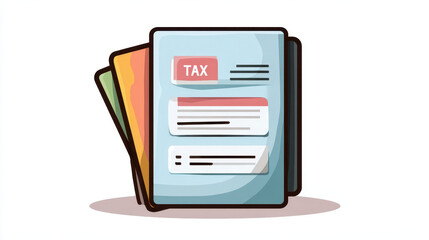 Colorful illustration of tax documents, featuring stack of papers with prominent TAX label top document. design is clean, modern, and cartoony, with focus financial and administrative