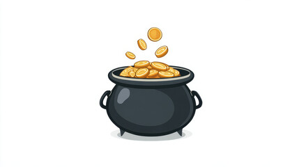 Black cauldron filled with gold coins, with some coins appearing to be falling into it, illustrated in cartoony style with clean lines and vibrant colors. image conveys wealth and fortune