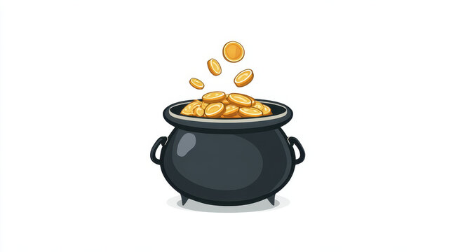 Black cauldron filled with gold coins, with some coins appearing to be falling into it, illustrated in cartoony style with clean lines and vibrant colors. image conveys wealth and fortune