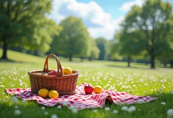 A Basket of Fresh Fruit on a Picnic Blanket in a Green Meadow