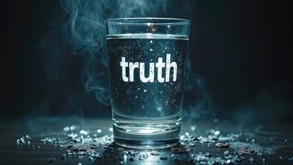Glass with truth text amidst mist and shattered ice on dark surface