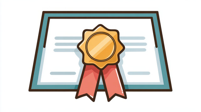 Certificate icon with gold seal and red ribbon, symbolizing achievement, recognition, or completion. design is clean, cartoony, and uses line fill color style