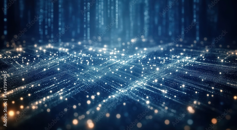 Aufkleber dynamic dark blue light beam particle network, high-speed data flow abstract tech background for cor