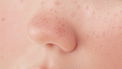 Fototapeta premium Close up of a freckled nose and cheekbone with soft blush tint on plain white background