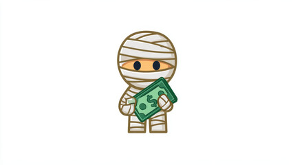 Cute cartoon mummy character holding stack of money, wrapped in white bandages with visible orange eyes, standing on plain white background. illustration is playful and colorful