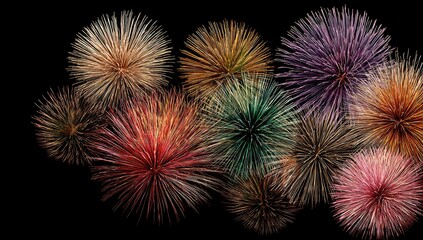 Fireworks burst in various colors against a black background