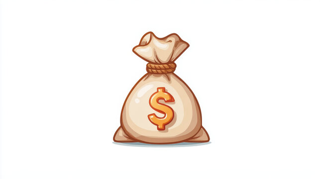 Cartoon style illustration of money bag with dollar sign on it, tied with rope, symbolizing wealth, savings, or financial success. design is simple and colorful, with clean white background