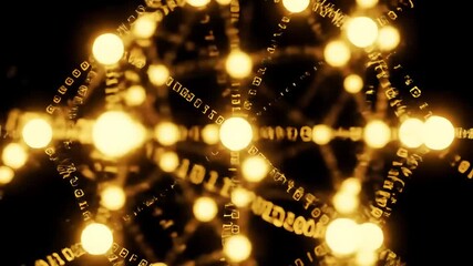 A complex digital network of glowing golden nodes connected by flowing streams of binary code. - Powered by Adobe