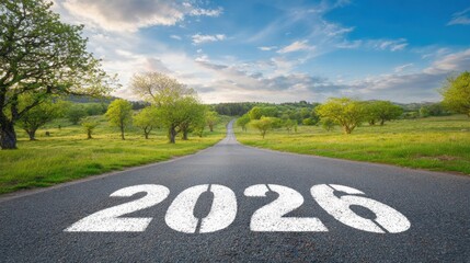 A serene road leading through green fields, marked with the year "2026," under a bright sky with scattered clouds.