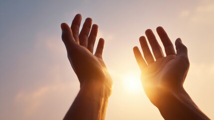 Hands reaching towards the sun, symbolizing hope, gratitude, and connection with nature in a serene, warm atmosphere.