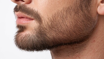 Close up of a male jawline with beard flakes and anti dandruff oil on plain white background