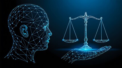 Artificial intelligence and ethics concept with digital human head and scales of justice
