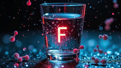 Fluoride symbol in illuminated glass with water droplets and molecules