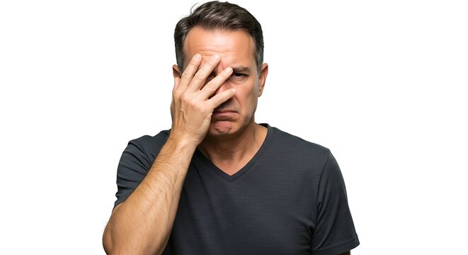 Stressed middle-aged man in a grey t-shirt covering his face with his hand in despair