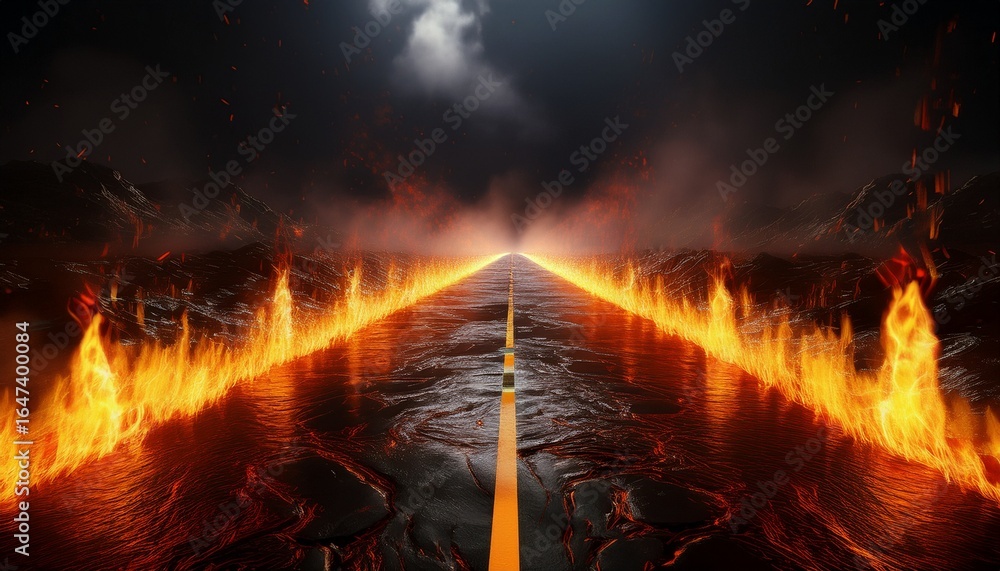Poster 3d rendering abstract black background with wet long road on fire blazing flames generative ai
