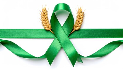 Symbolic green ribbon with golden wheat promoting awareness for World Food Day on a clean white background.