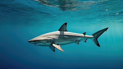 Fototapeta premium A shark swimming underwater with a blue ocean background.
