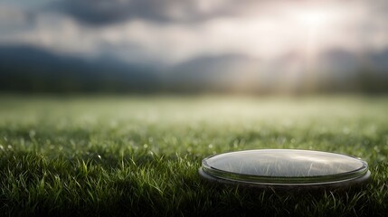 Minimalist glass dome showcasing a podium in a serene grassland landscape
