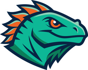 Green iguana head mascot with orange spikes