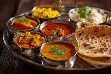 Close-up of a vibrant Indian thali platter with a variety of dishes including dal, chapati, rice, and chutneys, served on a traditional metal plate.