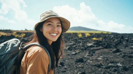 Naklejka premium Joyful asian woman exploring volcanic landscape with backpack and sun hat