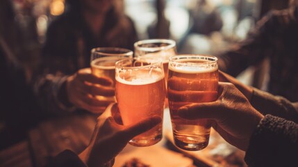 Friends clink glasses filled with different types of beer in a cozy atmosphere, celebrating togetherness and enjoyment.