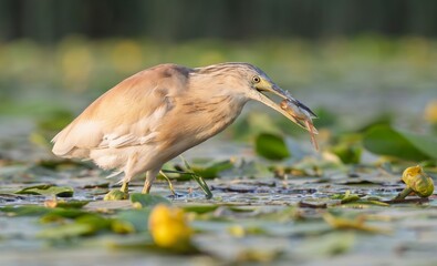 Squacco heron hunting in a pond.