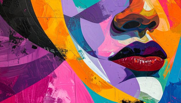Close-up of a woman's face depicted in a vibrant, abstract painting with bold strokes and a diverse color palette.