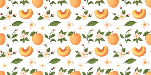 Peach fruit and flowers seamless pattern