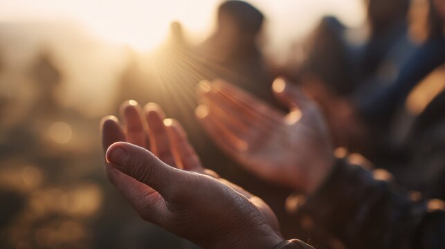 A close-up of hands raised in appreciation or prayer, illuminated by sunlight, with blurred figures in the background, conveying a sense of community and spirituality.