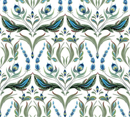 Vector damask seamless pattern of blue flowers and green leaves on a white background