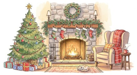 Cozy Christmas Fireplace Tree Watercolor