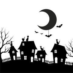 Spooky Halloween Village Silhouette with Cats, Bats, and Moon