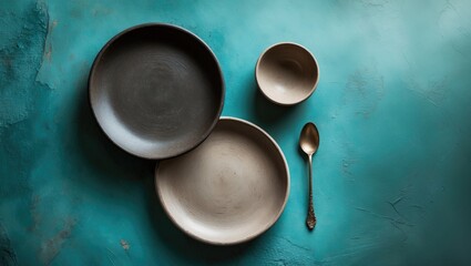 Minimalist ceramic bowls with a spoon on a textured turquoise background.