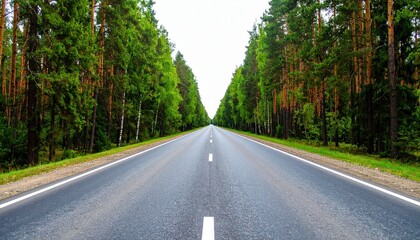 Fototapeta premium Straight road through a vibrant green forest, lined with tall trees under a clear blue sky.