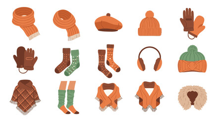 Fall accessories flat icon set vector isolated scarves hats