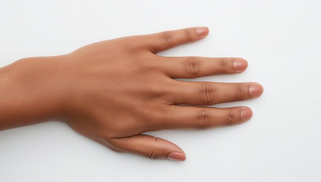 Close up of a medium brown skin tone hand with painted nails on plain white background