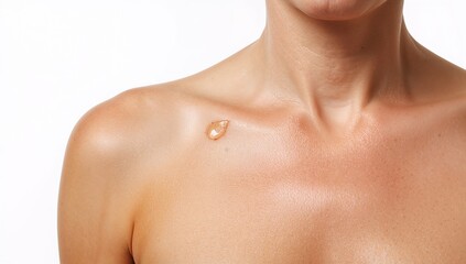 Naklejka premium Close up of a senior woman chest with sun spot treatment serum on plain white background